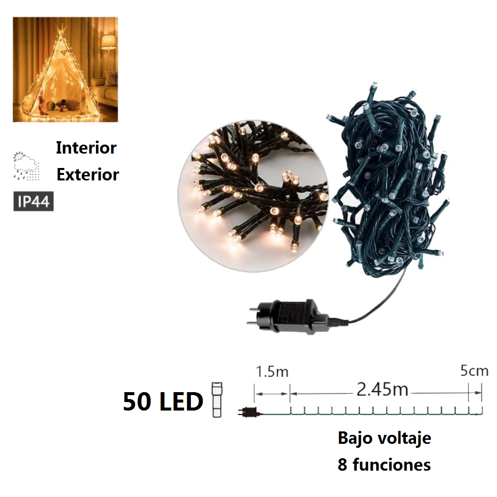 Guirnalda de Luces LED para Navidad de cable Verde - 8 funciones; Ideal para decorar árboles tanto en interiores como exteriores