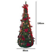 Cargar imagen en el visor de la galería, Árbol de Navidad Plegable con Luces LED Cálidas Decorado con Flores, Lazos y Bolas Dradas y Rojas para Interior y Exterior IP44 - Gerimport
