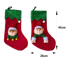 Cargar imagen en el visor de la galería, Set de 2 Calcetines Navideños 3D de Elfo con Lentejuelas - Botas de Navidad Colgantes de Poliéster (26x45 cm)
