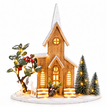 Cargar imagen en el visor de la galería, Casa de Madera Navideña con 25 Luces LED Cálidas (41.5x9x42.5 cm) - Escena Decorativa de Navidad en Madera con Renos y Árboles, Adorno para Mesa o Chimenea (5 Modelos Surtidos - Envío Aleatorio)
