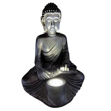 Cargar imagen en el visor de la galería, Figura de Buda Sentado Negro con Luz Solar LED RESINA 28X21,5X21,5 CM Para Decoración de Jardín Exterior IP44
