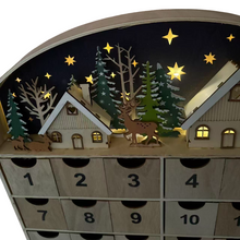 Cargar imagen en el visor de la galería, Calendario de Adviento de Madera con Cajones con luz – Diseño Navideño 47x6.5x50 cm - Gerimport
