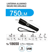 Cargar imagen en el visor de la galería, Linterna de Mano Recargable Portatil LED De Alta Potencia 12 W 750 LM 5 Modos Aluminio

