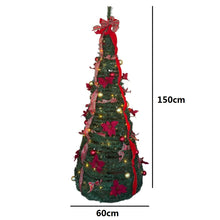 Cargar imagen en el visor de la galería, Árbol de Navidad Plegable con Luces LED Cálidas Decorado con Flores, Lazos y Bolas Dradas y Rojas para Interior y Exterior IP44 - Gerimport
