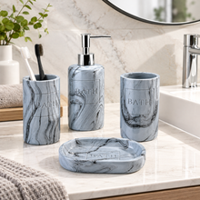 Cargar imagen en el visor de la galería, Juego de Accesorios de Baño de Resina Efecto Mármol Gris Azulado – 4 Piezas
