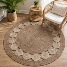 Cargar imagen en el visor de la galería, Alfombra Redonda de Yute Natural Tejida a Mano | Tapete Boho Decorativo para Sala, Dormitorio y Comedor | Ø 80/100/120 cm
