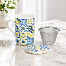 Cargar imagen en el visor de la galería, Taza Mug de Cerámica 280 ml con Filtro de Acero Inoxidable y Tapa – Diseño Decorativo

