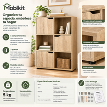 Cargar imagen en el visor de la galería, Estantería de Madera Moblkit con 6 Compartimentos y 3 Puertas, Mueble Auxiliar Organizador de Almacenamiento, Acabado Mate, 60x29x90 cm
