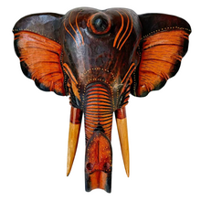 Cargar imagen en el visor de la galería, Cabeza Elefante de Pared de Madera Marrón hecho a mano decoración del hogar
