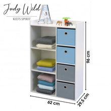 Cargar imagen en el visor de la galería, Mueble de 4 cestas de almacenamiento Junior Infantil madera blanca, Multicolor, 62X29.5X96CM
