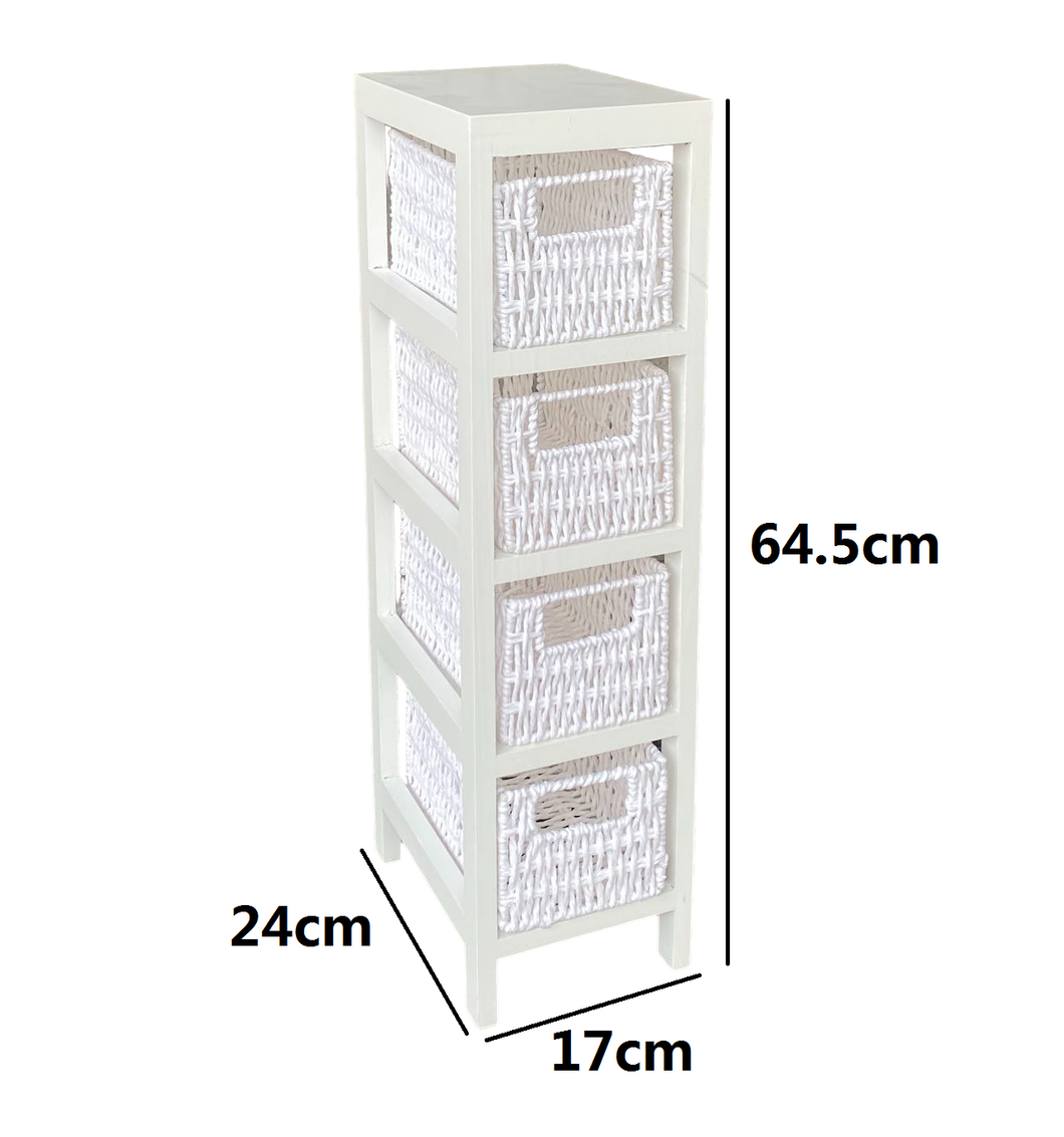 Mueble Sinfonier Cajonera MDF / Paulwonia Con 4 Cestas Trenzada - Color Blanco, Mueble de almacenaje con 4 cestas, Mesillas de noche, Muebles de dormitorio o Baño