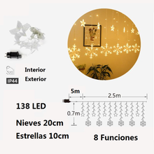 Cargar imagen en el visor de la galería, Cortina de Luz LED 138 LED 2.5 m – Estrellas / Estrellas con Copos de Nieve – 8 Funciones IP44 Interior y Exterior
