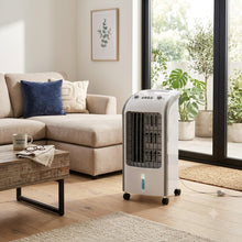 Cargar imagen en el visor de la galería, Ventilador de Torre función de Viento enfriador Enfriador de Aire Evaporativo 62W Portátil con Depósito de Agua, 3 Velocidades, Oscilación y Ruedas – Climatizador Compacto 23x26x57 cm
