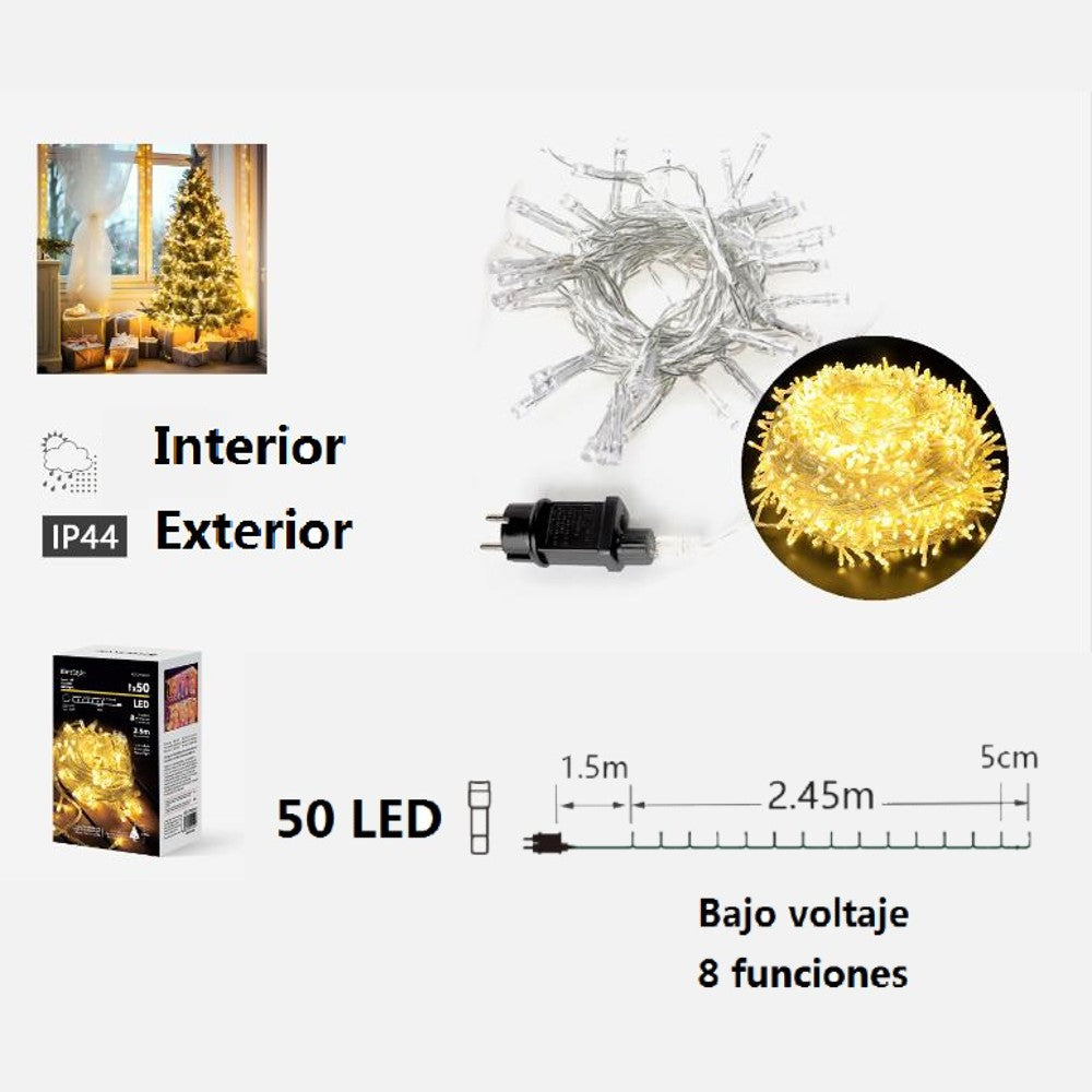Guirnalda Luces led Navidad blanco cable transparente interior y exterior 8 funciones guirnaldas