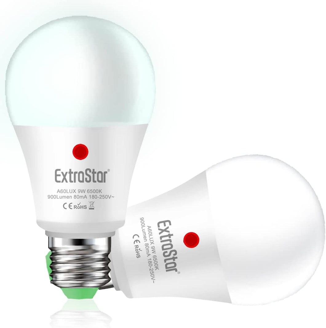 Bombilla LED con Sensor Crepuscular Day/Night, E27, 900Lm, 9W, Equivalente a 72W, Luz Blanca Fría 6500K, Encendido/Apagado Automático, Para Pasillo, Jardín, Terraza, 2Pcs