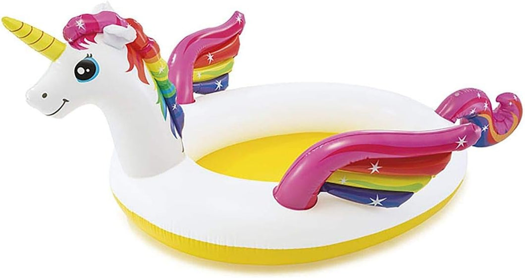 Intex Piscina hinchable unicornio, 193x272x104 cm, 151 litros, Con spray de agua, Conector para manguera, Vinilo resistente, Tapón de desagüe, Parche incluido, Uso exterior, +2 años (57441)