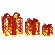 Cargar imagen en el visor de la galería, Set 3 Cajas Regalo Decorativas con Luz LED – 10, 15 y 20 cm – Cajas Luminosas Navideñas – Oro o Rojo
