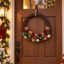 Cargar imagen en el visor de la galería, Corona Colgante de Navidad de 33 cm – Guirnalda Decorativa con Piñas, Bolas y Detalles Navideños para Puerta, Pared y Chimenea
