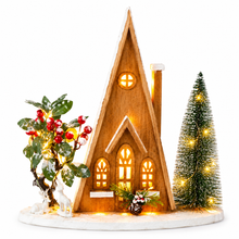 Cargar imagen en el visor de la galería, Casa de Madera Navideña con 25 Luces LED Cálidas (41.5x9x42.5 cm) - Escena Decorativa de Navidad en Madera con Renos y Árboles, Adorno para Mesa o Chimenea (5 Modelos Surtidos - Envío Aleatorio)
