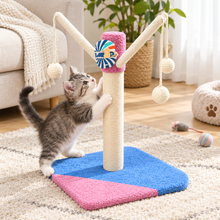 Cargar imagen en el visor de la galería, Rascador para Gatos de 50 cm con Base Acolchada y Juguetes Colgantes, Poste de Sisal para Arañar, Rosa y Azul
