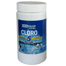 Cargar imagen en el visor de la galería, Cloro para piscina granulado 1kg. 5 acciones: Bactericida, floculante, algicida, antical y regulador PH.
