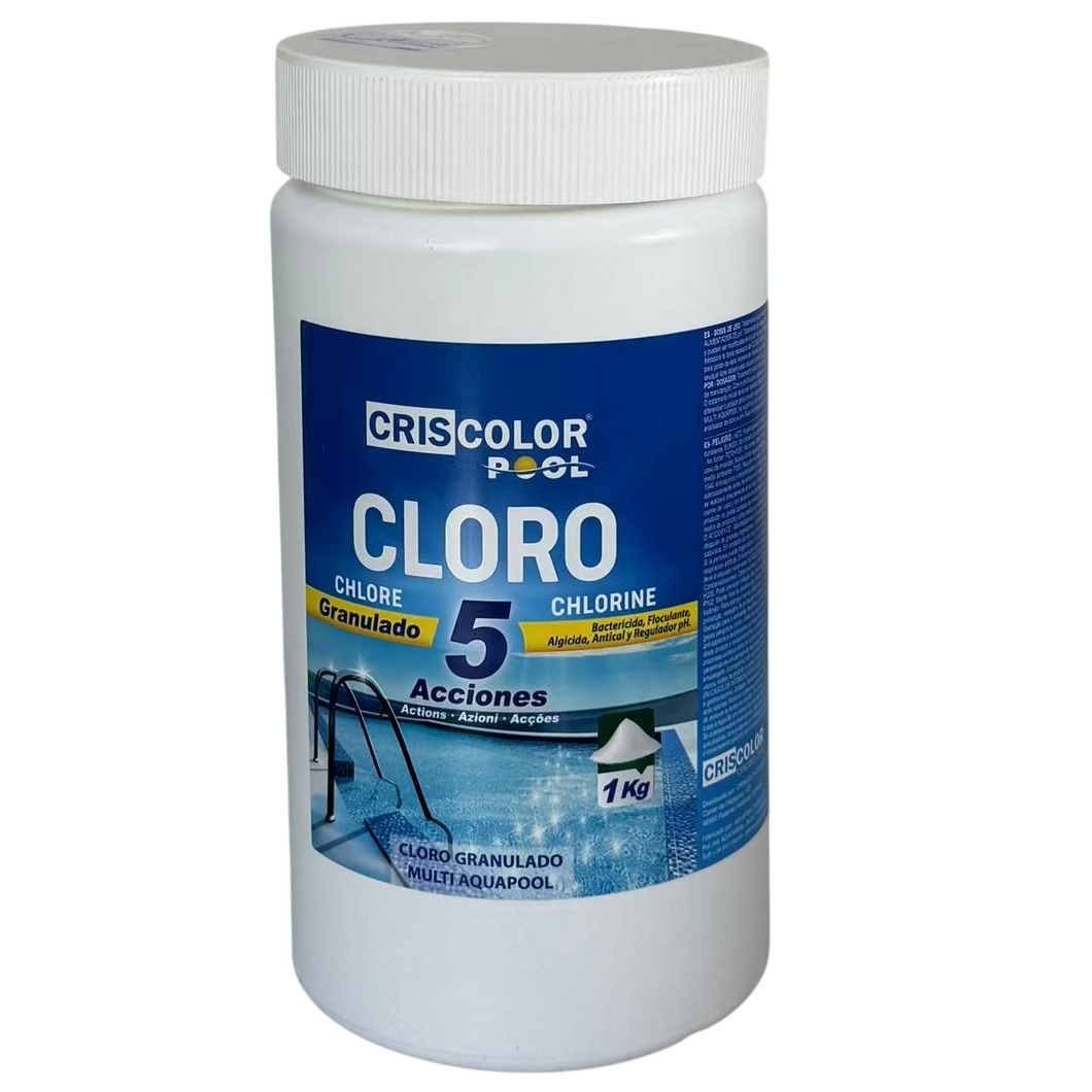 Cloro para piscina granulado 1kg. 5 acciones: Bactericida, floculante, algicida, antical y regulador PH.