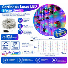 Cargar imagen en el visor de la galería, Cortina Luces LED Efecto Lluvia Multicolor o Blanco, Cable Transparente, 200/300 LED, 3x2 m o 3x3 m
