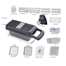 Cargar imagen en el visor de la galería, Cortador Rallador Multifunción Deposito con 5 Múltiples Intercambiables para rallar o Rebenar + 2 Cuchillas Corte a Dados, Mandoa de Cocina
