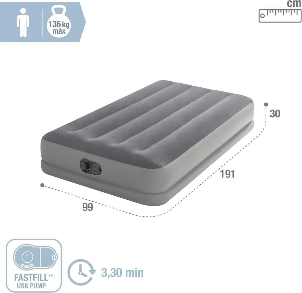 Colchón hinchable Dura Bream Prestige, Cama de aire Bomba de inflado incorporada, Colchón inflable Fiber-Tech, Gris Intex