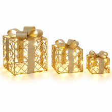 Cargar imagen en el visor de la galería, Set 3 Cajas Regalo Decorativas con Luz LED – 10, 15 y 20 cm – Cajas Luminosas Navideñas – Oro o Rojo
