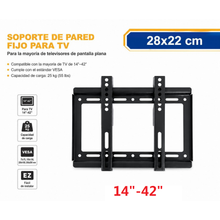Cargar imagen en el visor de la galería, Soporte de Pared Fijo para TV 14"–80" | VESA Universal | Acero de Alta Resistencia | 3 Tamaños Disponibles: 28×22 cm, 46×43 cm y 63×52 cm
