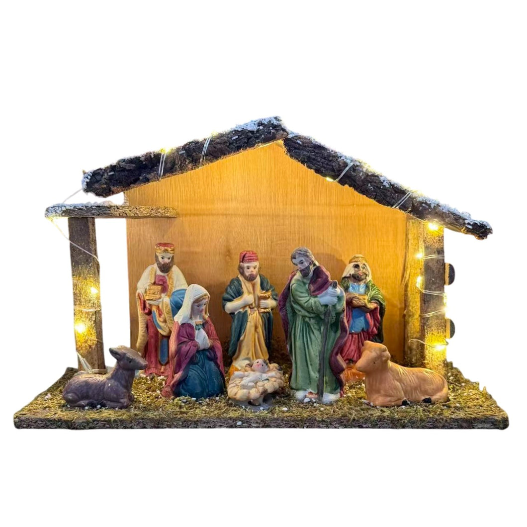 Portal de Nacimiento con 8 Figuras de Resina 20 LED Cálida Pesebre de Madera Belen 29.5x19.5x12cm para Decoracion de Navidad