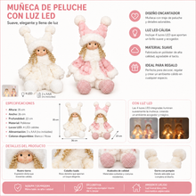 Cargar imagen en el visor de la galería, Muñeca de Peluche con Luz LED 35 cm, Decoración Navideña, Muñeca Decorativa Suave con Luces LED, Rosa/Blanco
