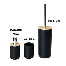 Cargar imagen en el visor de la galería, Juego de Accesorios para Baño de 3 Piezas - Set de Polipropileno y Bambú Natural - Incluye Dosificador de Jabón (320ml), Vaso y Escobilla de Baño - Diseño Nórdico Moderno - Blanco y Negro Mate
