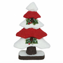 Cargar imagen en el visor de la galería, Árbol de Navidad Decorativo de Tela Rojo y Blanco con Efecto Nieve y Detalles de Piñas (38x24x10 cm)
