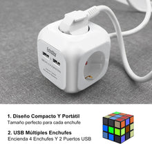 Cargar imagen en el visor de la galería, 6 en 1 Cubo Regleta Enchufe con USB de 4 Enchufes + 2 Puertos USB 5V, 1.5M, MAX 3680W, 16A, Blanco, para Hogar Oficina
