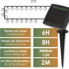 Cargar imagen en el visor de la galería, – Luces LED de Exterior con Bombillas – Guirnalda Solar Recargable - Decoración para Interior y Exterior  [Clase de eficiencia energética A]
