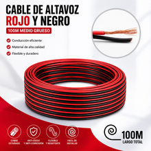 Cargar imagen en el visor de la galería, Cable para Altavoz Rojo y Negro 100M Medio Grueso – Cobre Flexible para Bocinas, Audio y Sonido

