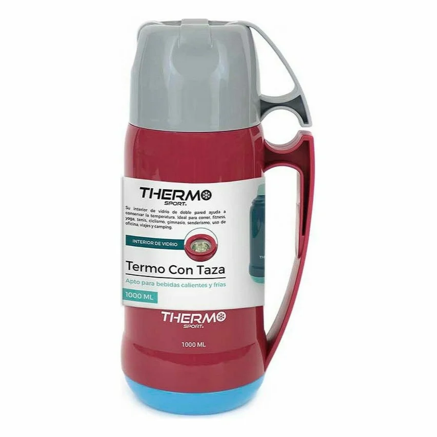 Termo Plástico con Taza 1 L Interior de Vidrio Doble Pared Apto para Bebidas Calientes y Frias