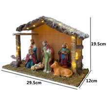 Cargar imagen en el visor de la galería, Portal de Nacimiento con 8 Figuras de Resina 20 LED Cálida Pesebre de Madera Belen 29.5x19.5x12cm para Decoracion de Navidad
