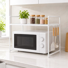 Cargar imagen en el visor de la galería, Estantería para Microondas Organizador de Cocina 2 y 3 Niveles con Ganchos - Soporte Encimera Multiusos Acero (Negro / Blanco)
