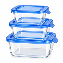 Cargar imagen en el visor de la galería, QUTTIN Set de 3 Fiambreras Hermética de Cristal con Tapa Azul | Táper de Vidrio Borosilicato | Apto para Microondas, Horno, Congelador y Lavavajillas | Rectangular, Cuadrada y Redonda
