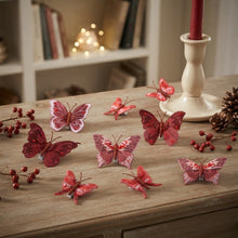 Cargar imagen en el visor de la galería, Set de 10 Mariposas Decorativas con Clip para Manualidades, Árbol de Navidad y Decoración del Hogar – Disponible en 4 Colores
