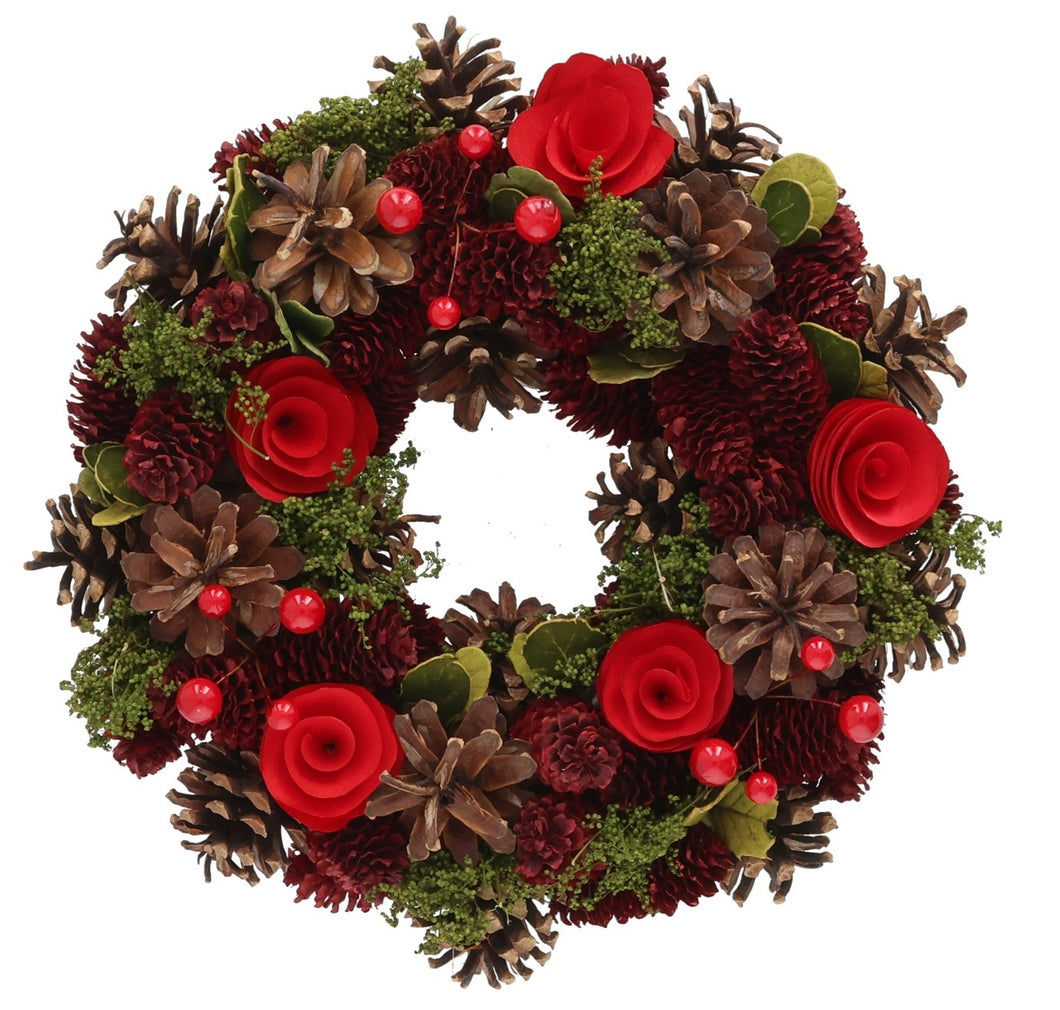 Corona Decorativa de Piñas y Flores Rojas Ø26x7cm – Ideal para Decoración Navideña
