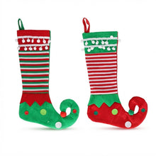 Cargar imagen en el visor de la galería, Set de 2 Calcetines Navideños, Botas de Navidad Colgantes – Diseños Navideños con Estilo en Tela de Cáñamo (28x54 cm) y Estilo Pie de Elfo (24x40 cm)
