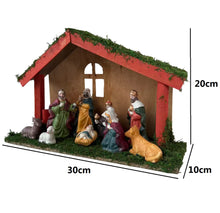 Cargar imagen en el visor de la galería, Portal de Nacimiento con Figuras de Resina Pesebre de Madera Belen para Decoracion de Navidad 15x40x25 cm
