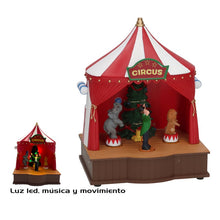 Cargar imagen en el visor de la galería, Escena de Navidad Circo con Musica Navideña, Luz y Moviniento para decoracion de Navidad 16x11.5x20 cm
