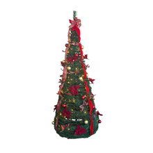 Cargar imagen en el visor de la galería, Árbol de Navidad Plegable con Luces LED Cálidas Decorado con Flores, Lazos y Bolas Dradas y Rojas para Interior y Exterior IP44 - Gerimport
