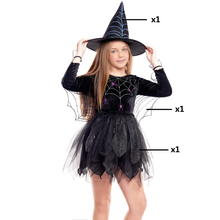 Cargar imagen en el visor de la galería, Disfraz Bruja de Telaraña Infantil Niña Para Halloween Carnaval Teatro
