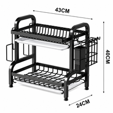 Cargar imagen en el visor de la galería, Escurreplatos de 2 Niveles con Bandejas Recogegotas, Escurridor de Platos para Encimera, Organizador de Cocina con Portacubiertos y Soporte para Tabla de Cortar, Negro, 43 × 24 × 40 cm
